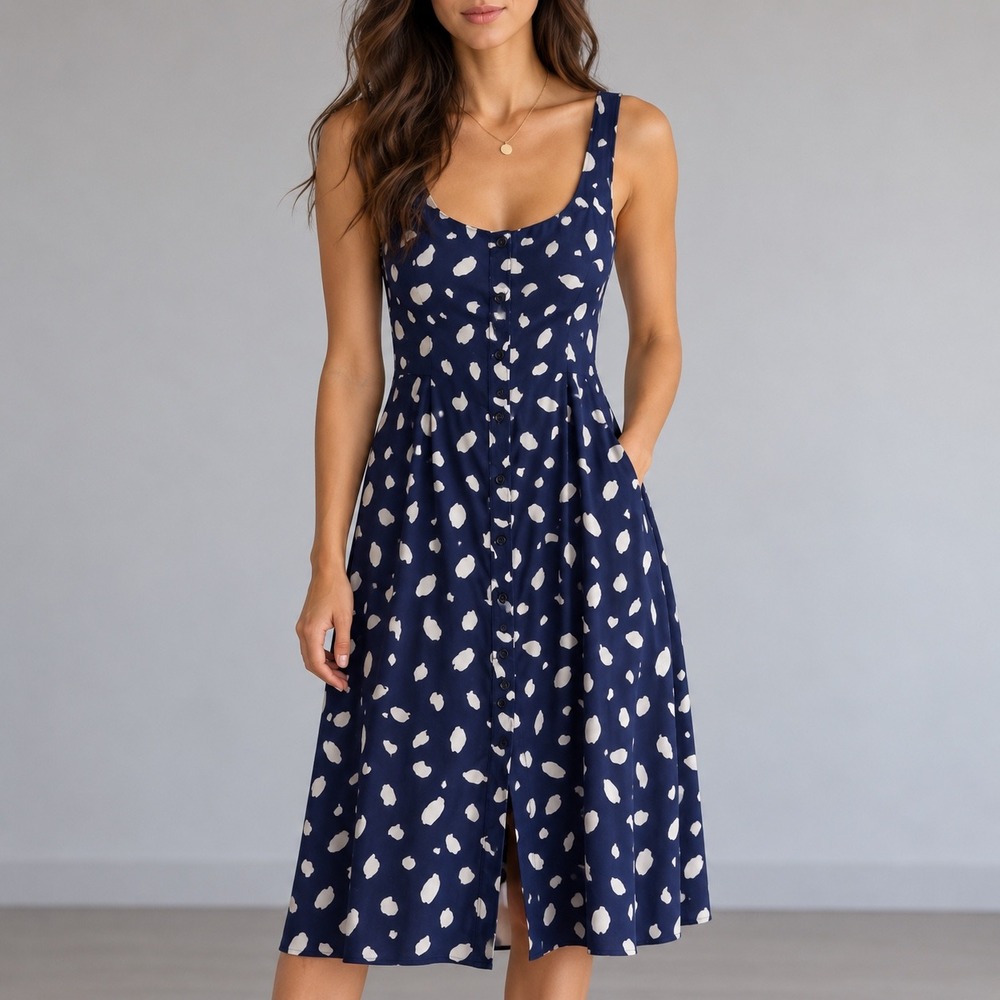 Reformation Button Front Midi Dress Womens 12 Navy Blue Abstract Dot Sleeveless